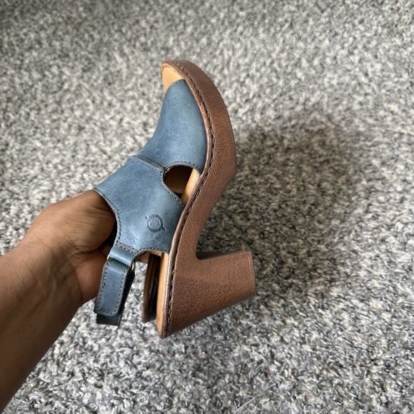 BORN WEKIVA Blue Leather Open Toe Slingback Pumps Sandals Block Heel Sz 7 Chunky - Picture 5 of 11